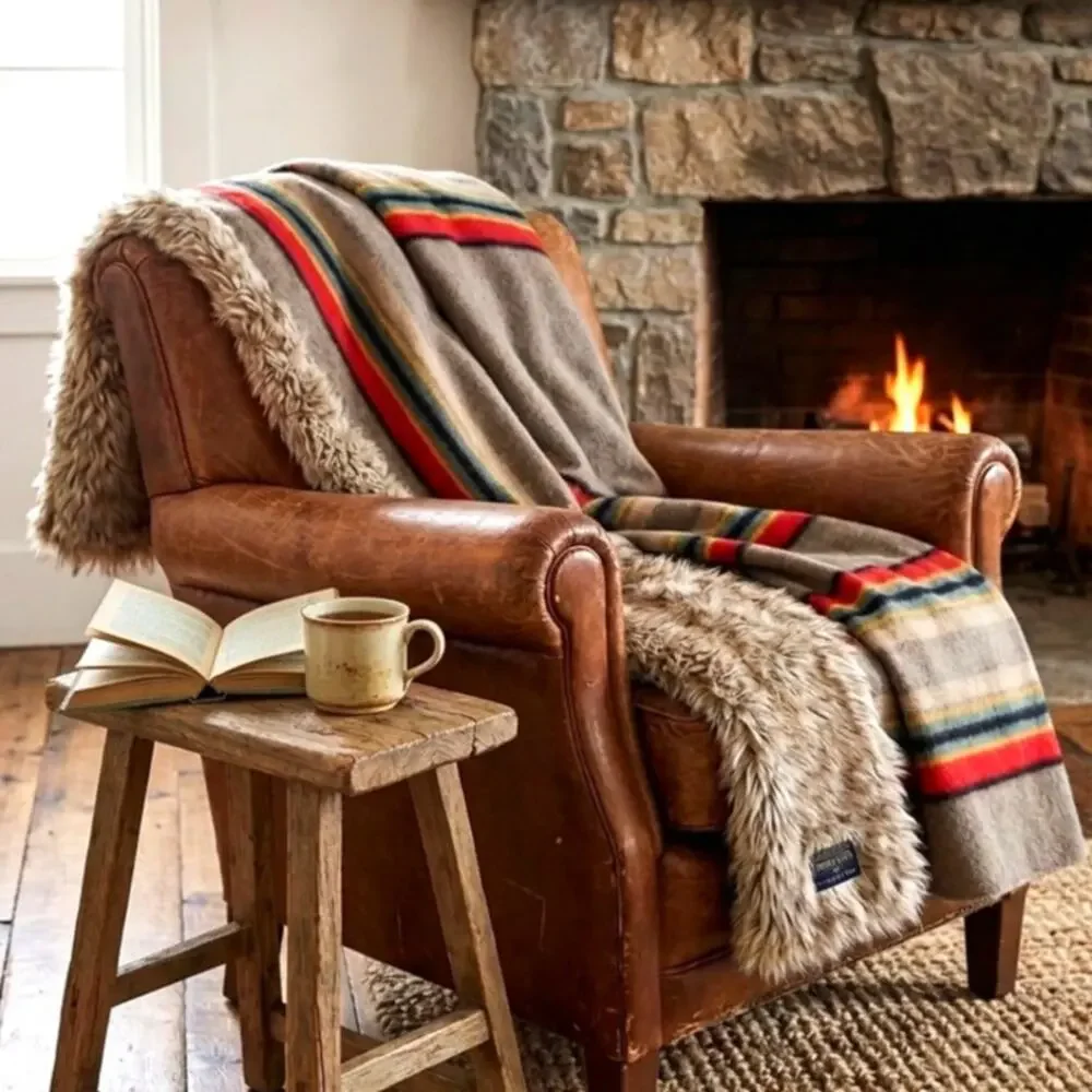 Pendleton Pottery Barn Yakima faux fur Camp Blanket Mineral Umber wool